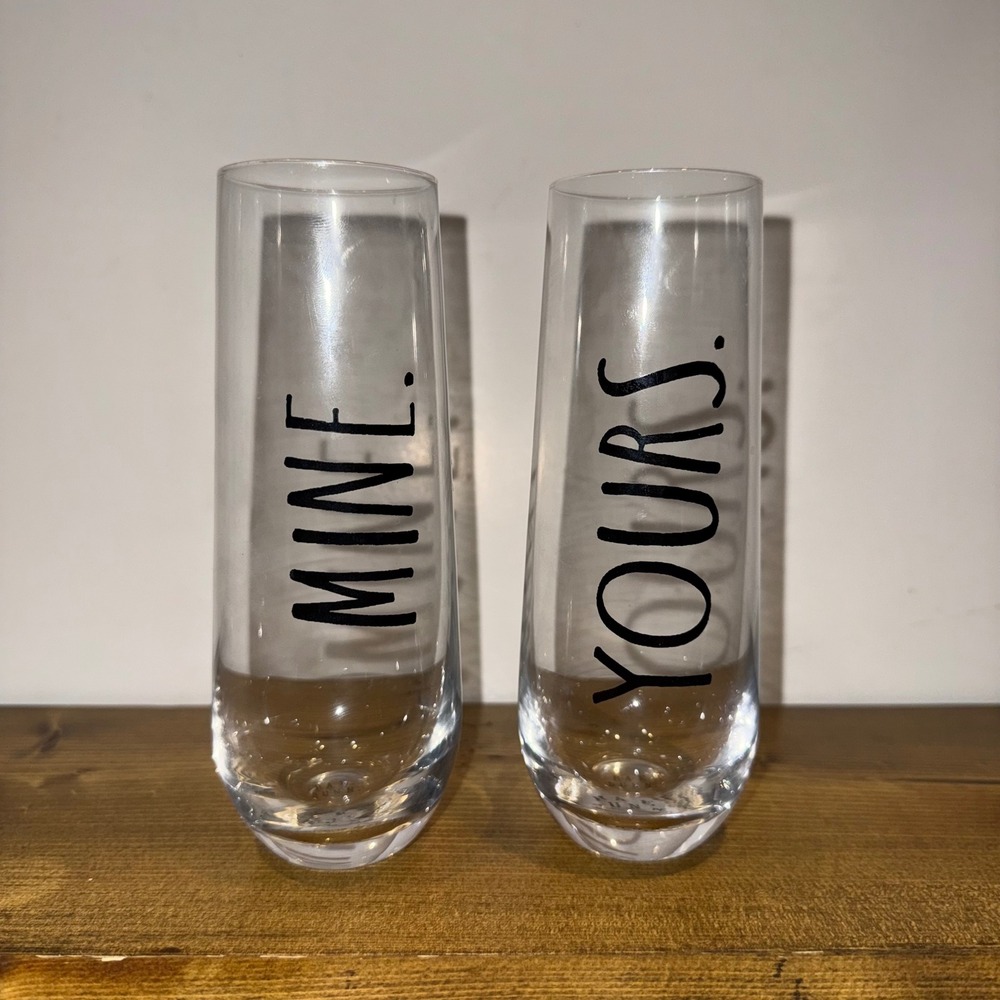 Rae Dunn Mine/Yours Stemless Champagne Flutes Set of 2 Clear Glass flutes